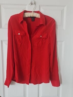 White House Black Market 100% Silk Red Button-Down Long Sleeve Shirt